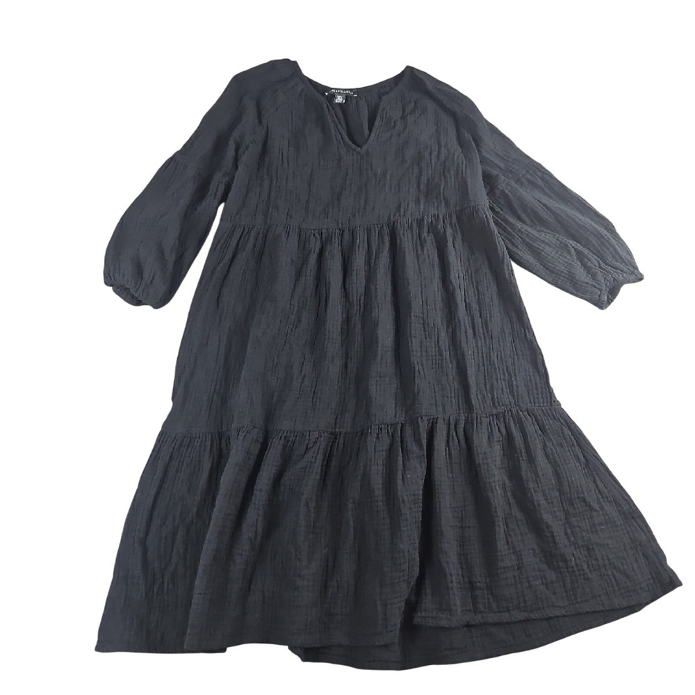 Saks Fifth Avenue Cotton Gauze Tiered Midi Dress Black Puff Sleeve XS Boho, Chic